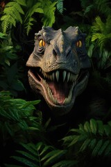 Naklejka premium Headshot of dinosaur with plants in forest, created using generative ai technology