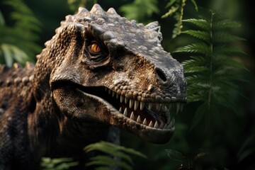 Obraz premium Headshot of dinosaur with plants in forest, created using generative ai technology