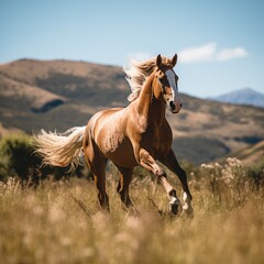 Brown horse galloping in field on sunny day, created using generative ai technology