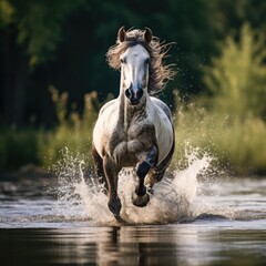 White horse galloping in water on sunny day, created using generative ai technology
