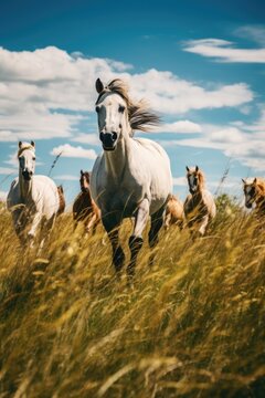 Horses galloping in field on sunny day, created using generative ai technology