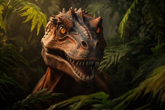 Headshot of dinosaur with plants in forest, created using generative ai technology
