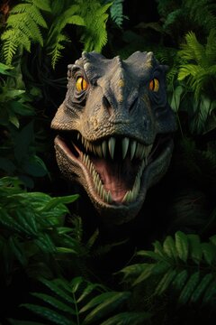 Headshot of dinosaur with plants in forest, created using generative ai technology
