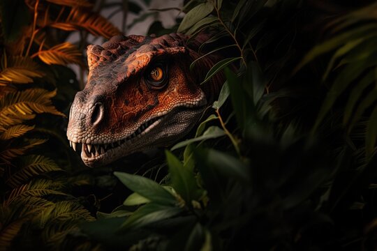 Headshot of dinosaur with plants in forest, created using generative ai technology