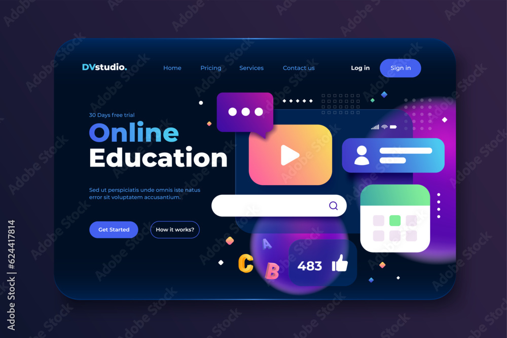 Poster landing page template of online education. realistic web page with dashboard for business and distan