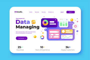 Fototapeta na wymiar Landing page template of Data Analysis tool. Online marketing, financial report chart, data analysis concept. Modern 3D design concept of web page design for website and mobile website. Vector