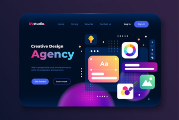Landing page template of Design Agency. Web UI-UX design, web development concept. Modern 3D design concept of web page design for website and mobile website. Easy to edit and customize. Vector