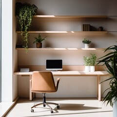 Modern office space with desk and furniture, created using generative ai technology