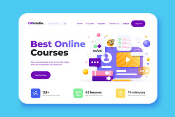 Online education concept design for website, presentation, poster and advertising. Landing page design template. 3d Vector illustration