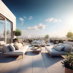 Fototapeta na wymiar Luxury penthouse terrace with outdoor furniture, created using generative ai technology