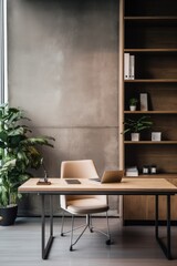 Modern office space with desk and furniture, created using generative ai technology