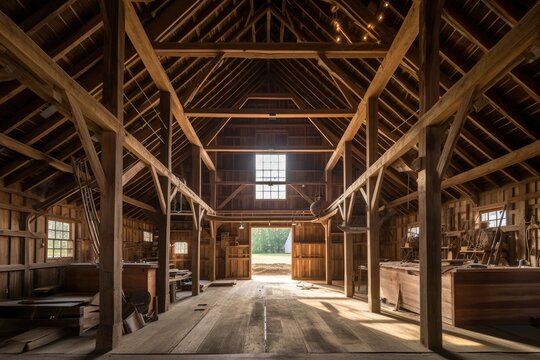 interior of the barn showing restored wooden structure, created with generative ai