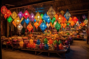 colorful lanterns displayed at an outdoor market, created with generative ai