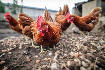 close-up of hens pecking at grain on the ground, created with generative ai