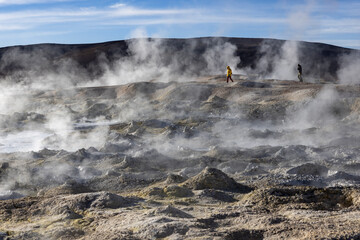 Stunning geothermic field of Sol de Mañana with its steaming geysers and hot pools with bubbling mud - just one sight on the lagoon route in Bolivia, South America