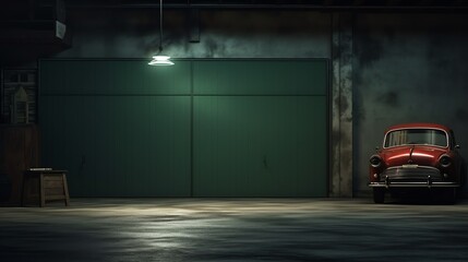 Old car close up on garage with dark background, copy space for text and illustration for product presentation and template design.