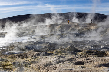 Stunning geothermic field of Sol de Mañana with its steaming geysers and hot pools with bubbling mud - just one sight on the lagoon route in Bolivia, South America