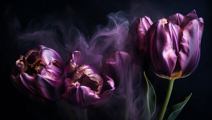 Branches of purple tulips on a dark background with delicate incense smoke - Generated AI