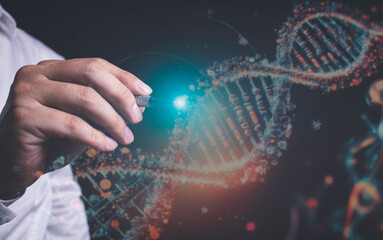 Finger touching DNA, genetically modified DNA, black background concept in invention. Developing...