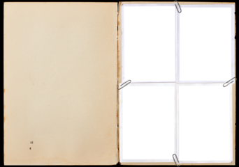 A vintage book page with blank photo frames attached with paper clips.
