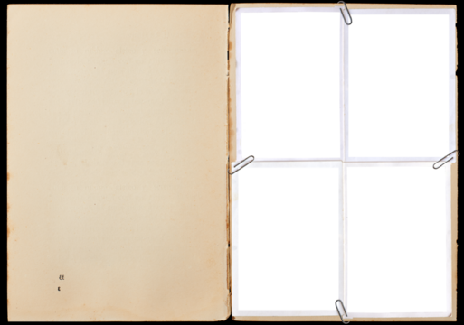 A vintage book page with blank photo frames attached with paper clips.
