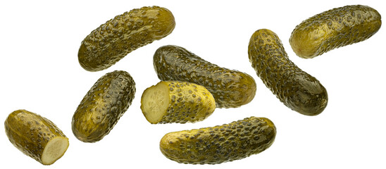 Fototapeta na wymiar Marinated cucumbers, pickled gherkins isolated on white background