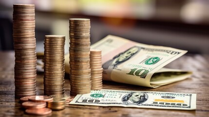 Investment concept, Coins on table with blur background, business growth concept