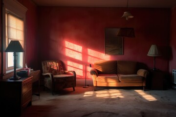 room with a single light source casting shadows, created with generative ai