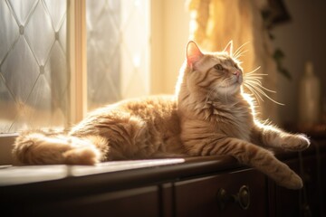 cat stretching on a windowsill with sun rays, created with generative ai