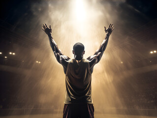 Fototapeta na wymiar Basketball player celebrating in the stadium. Concept of winner, success, victory. AI generated