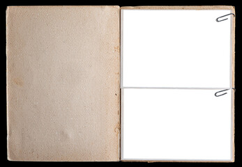 A vintage book page with blank photo frames attached with paper clips. - 624418635