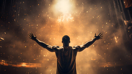 Basketball player celebrating in the stadium. Concept of winner, success, victory. AI generated