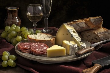 plate of artisanal cheese and salami, paired with crusty bread, created with generative ai