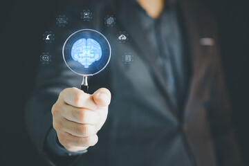 Businessman touching the brain working of Artificial Intelligence (AI) Automation, Predictive analytics