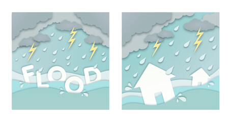 Flood natural disaster banner set, heavy rain, grey clouds, houses floating in water papercut illustration