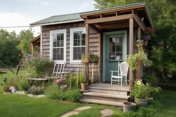 tiny house with porch, rocking chair, and flower garden, created with generative ai