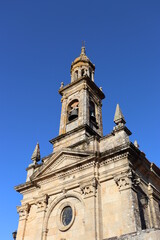 Upper part of the stone facade of the church of Santa Comba, in Carnota, La Coruña, Spain.