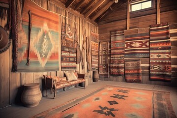 vintage navajo rug hanging on a rustic wooden wall, created with generative ai