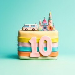 Ten Years of Exploration: Travel-Themed Birthday Cake with the Number 10 on Top, a Delicious Dessert to Celebrate a Decade of Adventure and Wanderlust.




