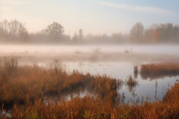 misty morning with mist rising from wetlands and marshlands, created with generative ai