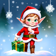 Santa Claus elf with gifts with snowy background and snowflakes