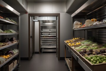walk-in refrigerator, filled with stacks of fresh produce and other ingredients for cooking, created with generative ai