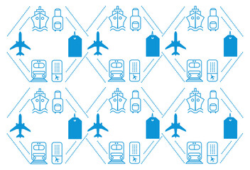 Transport Vehicles Seamless Pattern Illustration, Blue Line Art Boat, Plane, Train, Luggage tag, Luggage, Metro, Ticket Pattern Icons