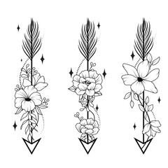 Set of arrows with flowers, branches with leaves, feather arrow, simple doodle drawing, gravure style. Tattoo all over the body. Coloring book.