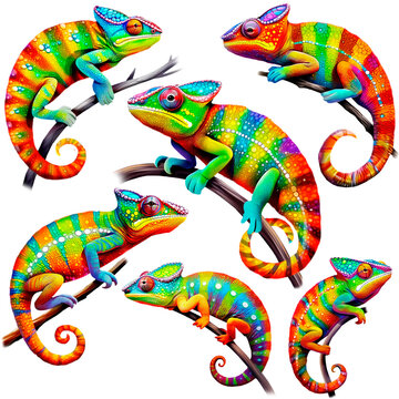 Set of colorful chameleons isolated on transparent background, Generative AI