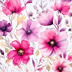 Fototapeta na wymiar Watercolor wild flowers on a white background. Romantic print for fabric or invitation card. Drawn natural pattern in magenta color. Generation AI
