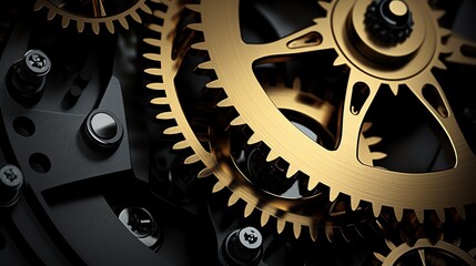 Gold engine gear with dark background, illustration for product presentation and template design.