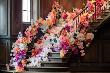 paper flowers cascading down a staircase, created with generative ai