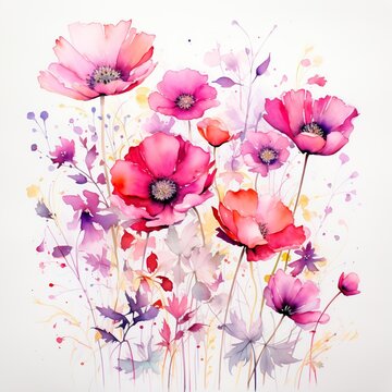 Watercolor field poppies in magenta shades on a white background. Romantic print for fabric or invitation card. Drawn natural pattern in magenta color. Generation AI