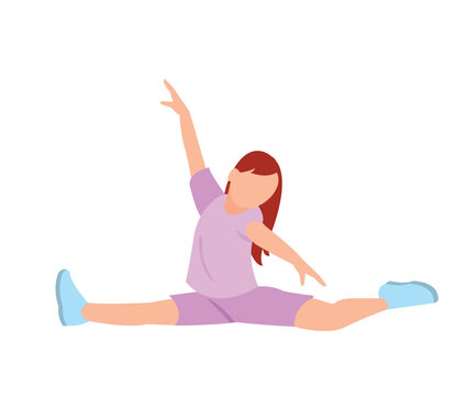 Happy girl gymnast exercising. Little child doing gymnastics. Cute kid at gym balancing posture. Junior acrobat training. Sports activity. Flat vector illustration